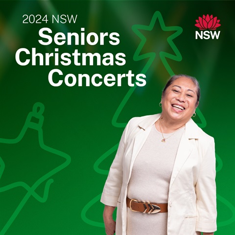 Woman smiling with dark hair wearing a light coloured jacket and shirt with a brown belt and the words 2024 NSW Seniors Christmas Concerts to the right of her head on a green background