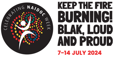 2024 NAIDOC logo coloured dot artwork with theme slogan Keep the fire burning! Blak Loud and Proud