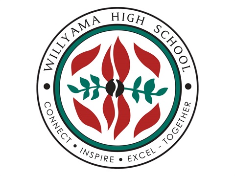 Willyama High School crest sturt desert pea in centre and words 'connect, inspire, and excel together' around the outside.